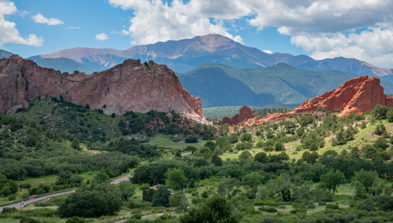 Garden of the Gods park with tall sandstone formations and Pikes Peak in Colorado Springs, Colorado in western USA of North America